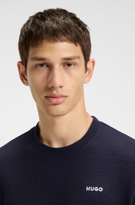 Waffle-structured pyjama T-shirt with embroidered logo, Dark Blue