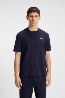 Waffle-structured pyjama T-shirt with embroidered logo, Dark Blue