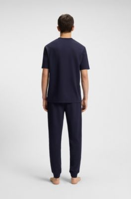 Waffle-structured pyjama T-shirt with embroidered logo, Dark Blue