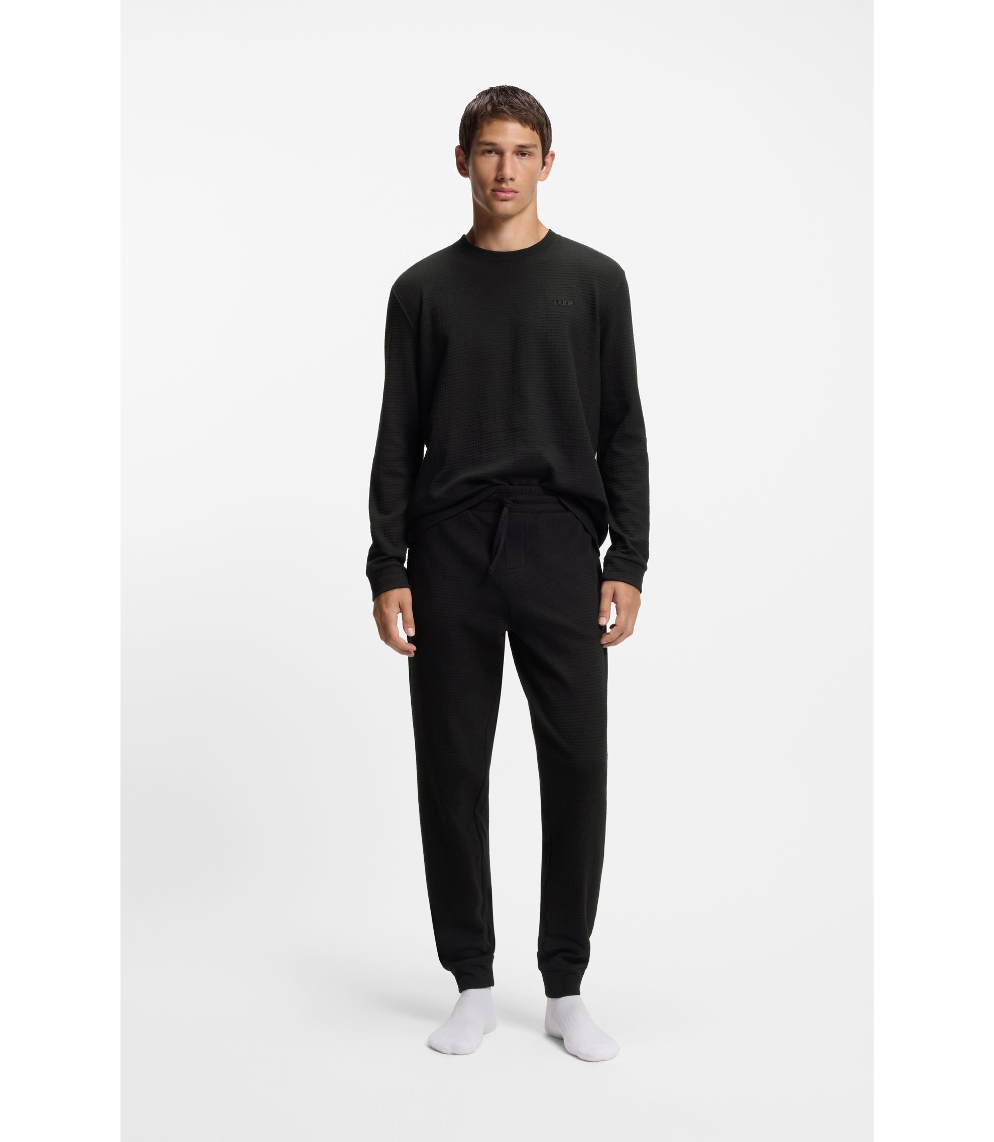 HUGO Pantaloni del pigiama in misto cotone con logo ricamato Nero