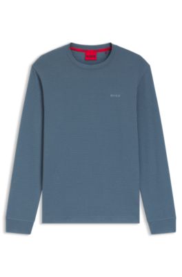 Cotton-blend pyjama T-shirt with waffle structure, Light Blue