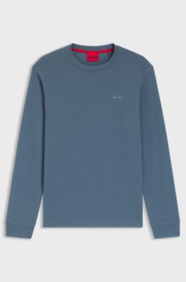 Cotton-blend pyjama T-shirt with waffle structure, Light Blue