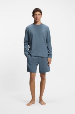 Cotton-blend pyjama T-shirt with waffle structure, Light Blue