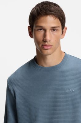 Cotton-blend pyjama T-shirt with waffle structure, Light Blue