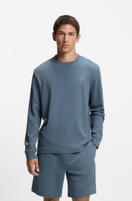 Cotton-blend pyjama T-shirt with waffle structure, Light Blue