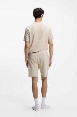 Pyjamasshorts med v&aring;ffelstruktur och broderad logga, Ljusbeige