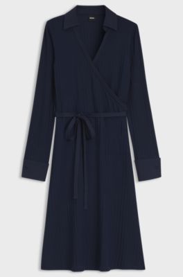 Wrap dress in lustrous ribbed jersey, Dark Blue