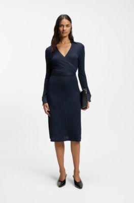 Wrap dress in lustrous ribbed jersey, Dark Blue