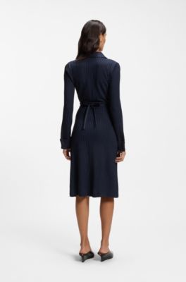 Wrap dress in lustrous ribbed jersey, Dark Blue