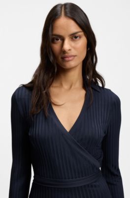 Wrap dress in lustrous ribbed jersey, Dark Blue
