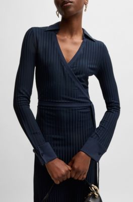 Wikkeljurk van glanzende, geribde jersey, Donkerblauw