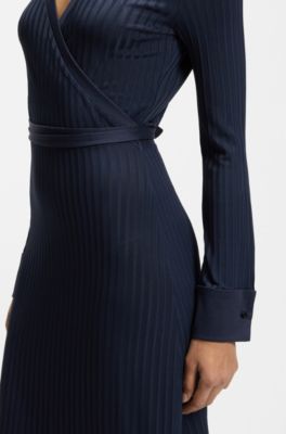 Wrap dress in lustrous ribbed jersey, Dark Blue