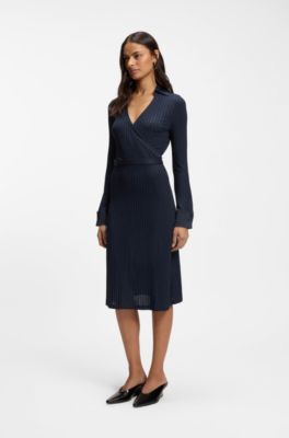 Wrap dress in lustrous ribbed jersey, Dark Blue