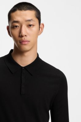 Slim-Fit Strick-Poloshirt mit Logo auf der R&uuml;ckseite, Schwarz