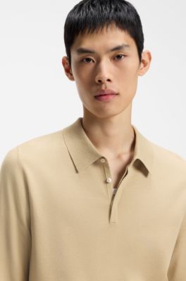 Slim-fit knit polo with rear logo, Beige