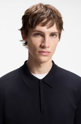 Slim-fit knit polo with rear logo, Dark Blue