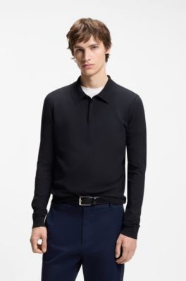 Slim-fit knit polo with rear logo, Dark Blue