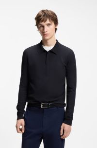 Slim-fit knit polo with rear logo, Dark Blue