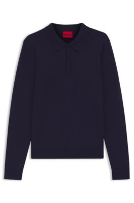 Slim-fit knit polo with rear logo, Dark Blue