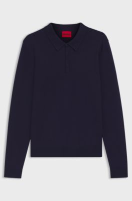 Slim-fit knit polo with rear logo, Dark Blue