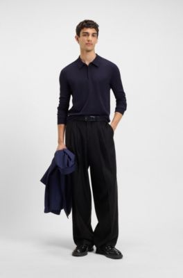 Slim-fit knit polo with rear logo, Dark Blue