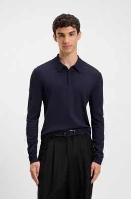 Slim-fit knit polo with rear logo, Dark Blue