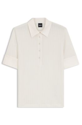 Ribbed polo-collar T-shirt with plain trims, Natural