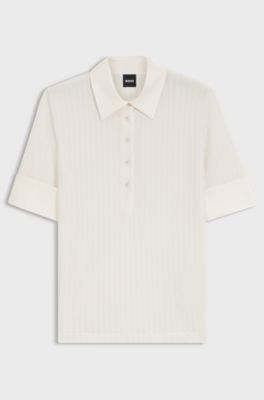 Ribbed polo-collar T-shirt with plain trims, Natural