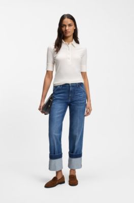 Ribbed polo-collar T-shirt with plain trims, Natural