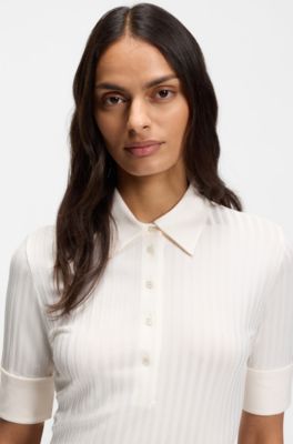 Ribbed polo-collar T-shirt with plain trims, Natural