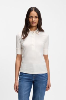 Ribbed polo-collar T-shirt with plain trims, Natural