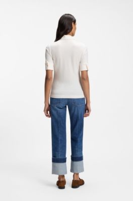 Ribbed polo-collar T-shirt with plain trims, Natural