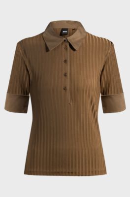 Ribbed polo-collar T-shirt with plain trims, Brown