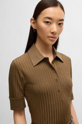 Ribbed polo-collar T-shirt with plain trims, Brown