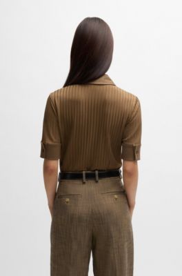 Ribbed polo-collar T-shirt with plain trims, Brown