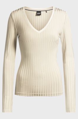 Long-sleeved V-neck top in lustrous ribbed jersey, Natural