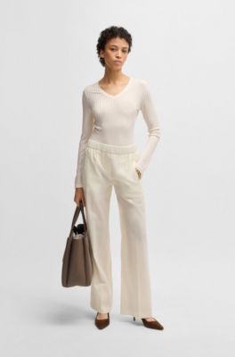 Long-sleeved V-neck top in lustrous ribbed jersey, Natural