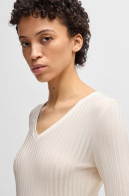 Long-sleeved V-neck top in lustrous ribbed jersey, Natural