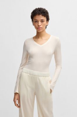 Long-sleeved V-neck top in lustrous ribbed jersey, Natural