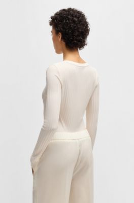 Long-sleeved V-neck top in lustrous ribbed jersey, Natural