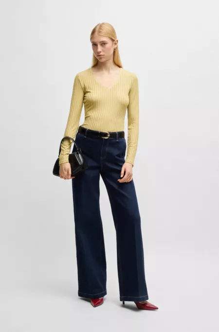 Long-sleeved V-neck top in lustrous ribbed jersey