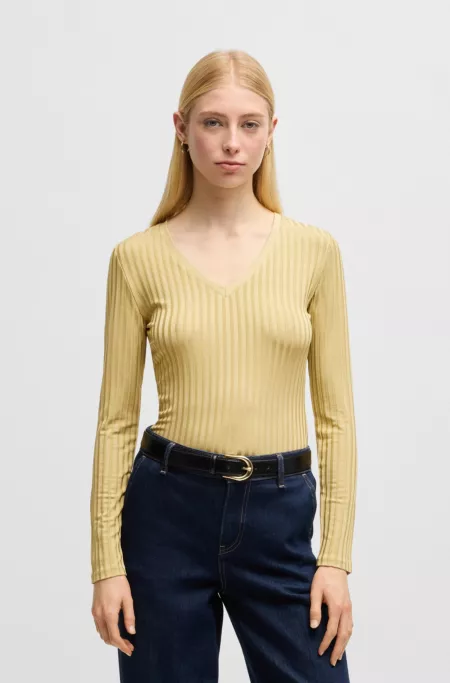 Long-sleeved V-neck top in lustrous ribbed jersey