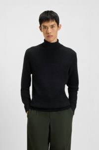 Strukturierter Strick-Rollkragenpullover aus Baumwolle, Schwarz