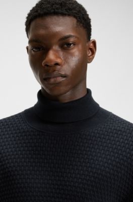 Structured-knit rollneck sweater in cotton, Dark Blue