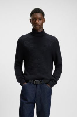 Structured-knit rollneck sweater in cotton, Dark Blue
