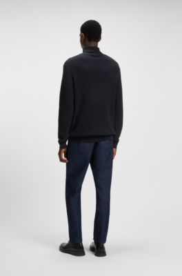 Structured-knit rollneck sweater in cotton, Dark Blue