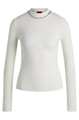 Hugo Mock-neck Sweater With Chain Collar Trim In White