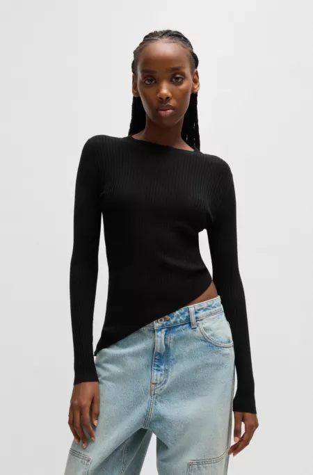 Sheer-ribbing sweater with asymmetric hem