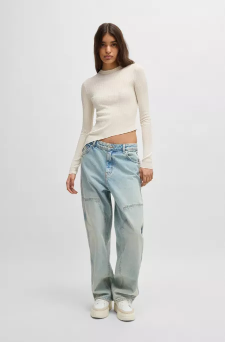 Sheer-ribbing sweater with asymmetric hem