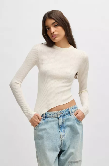 Sheer-ribbing sweater with asymmetric hem
